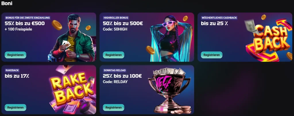 Needforslots Casino Bonus Bereich mit Highroller Bonus Cashback Rakeback und Reload Angeboten