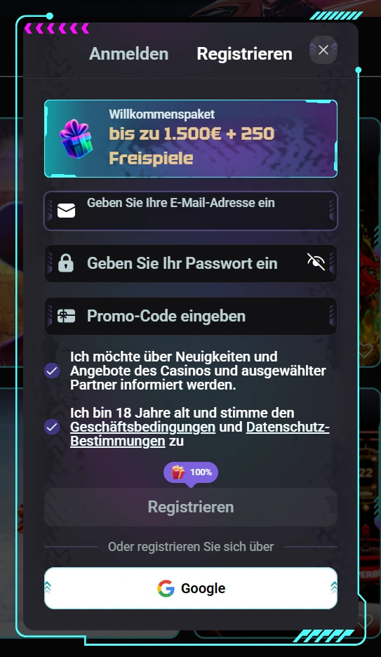 Needforslots Casino Registrierung Fenster mit Willkommensbonus und Eingabefeldern für E Mail und Passwort