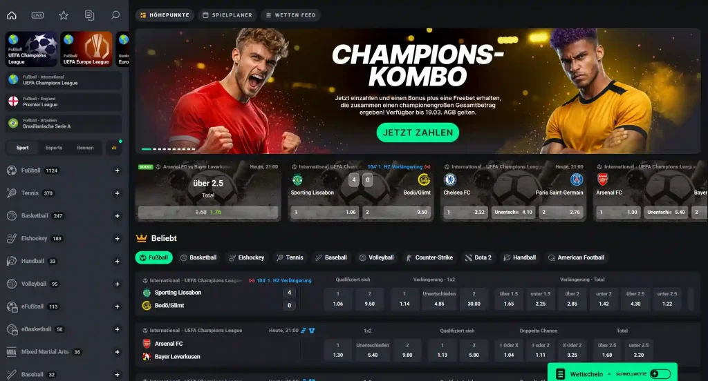 Needforslots Casino Sportwetten Bereich mit Live Quoten, Fußball Spielen und Wettmärkten