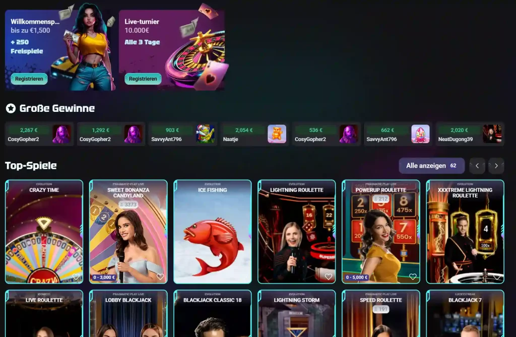 Needforslots Casino Top Spiele Bereich mit Live Casino Spielen wie Crazy Time und Roulette